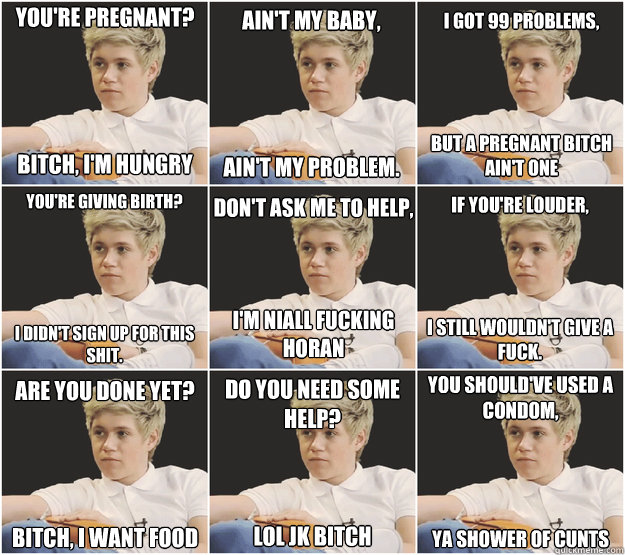 You're pregnant?




Bitch, I'm hungry Ain't my baby, 




Ain't my problem. You're giving birth?





I didn't sign up for this shit. Don't ask me to help,



I'm Niall fucking Horan Are you done yet?




Bitch, I want food Do you need some help?



lol   Niall Horan