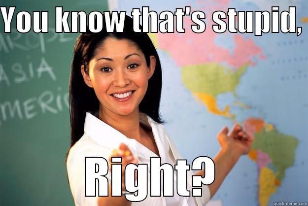 stupid teacher  - YOU KNOW THAT'S STUPID,  RIGHT? Unhelpful High School Teacher