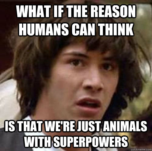 What if the reason humans can think Is that we're just animals with superpowers - What if the reason humans can think Is that we're just animals with superpowers  conspiracy keanu