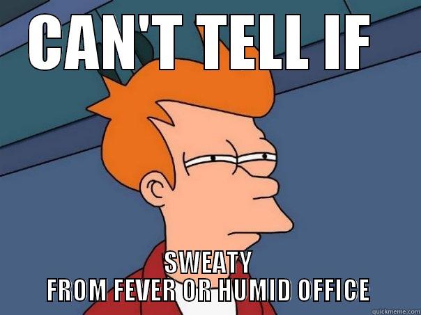 Fever Meme - CAN'T TELL IF  SWEATY FROM FEVER OR HUMID OFFICE Futurama Fry