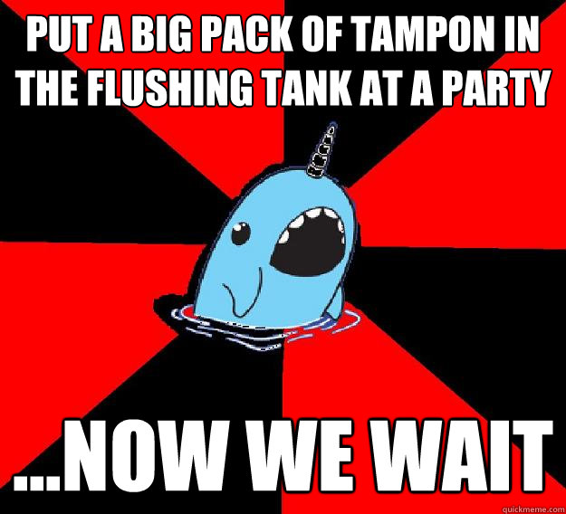 Put a big pack of Tampon in the flushing tank at a party ...now we wait  Nefarious Narwahl