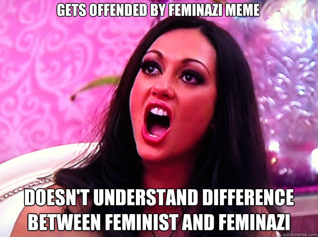 Gets offended by Feminazi meme Doesn't understand difference between Feminist and feminazi  Feminist Nazi