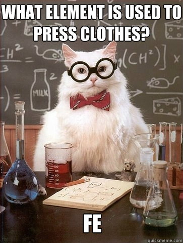 what element is used to press clothes? fe  Chemistry Cat