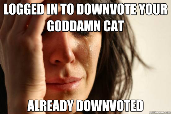 lOGGED IN TO DOWNVOTE YOUR GODDAMN CAT ALREADY DOWNVOTED  First World Problems