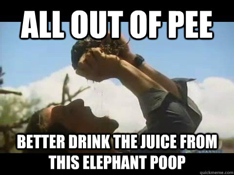 all out of pee better drink the juice from this elephant poop  Bear Grylls