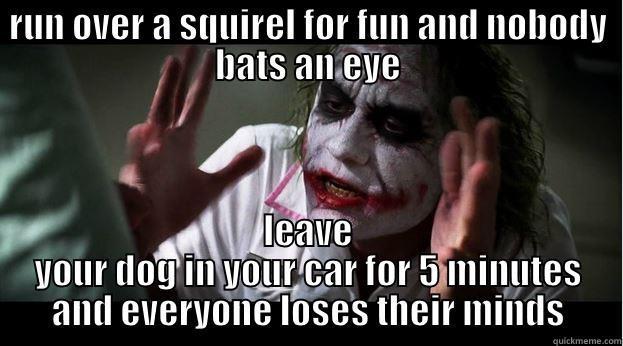 RUN OVER A SQUIREL FOR FUN AND NOBODY BATS AN EYE LEAVE YOUR DOG IN YOUR CAR FOR 5 MINUTES AND EVERYONE LOSES THEIR MINDS Joker Mind Loss