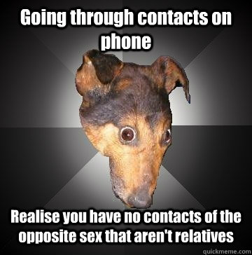 Going through contacts on phone Realise you have no contacts of the opposite sex that aren't relatives  Depression Dog