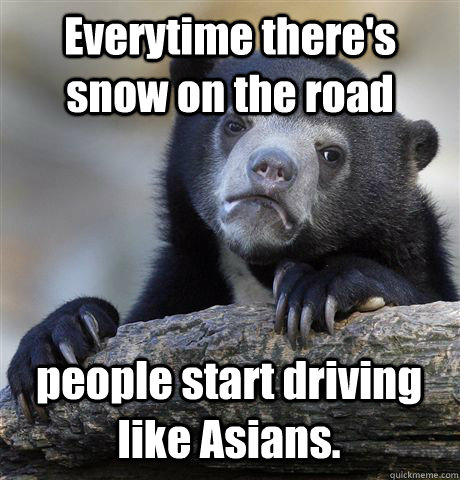 Everytime there's snow on the road people start driving like Asians.    Confession Bear