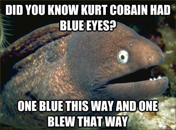 did you know kurt cobain had blue eyes? one blue this way and one blew that way - did you know kurt cobain had blue eyes? one blue this way and one blew that way  Bad Joke Eel