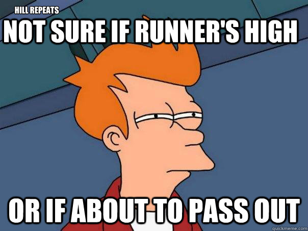 Not sure if runner's high Or if about to pass out  hill repeats  Futurama Fry