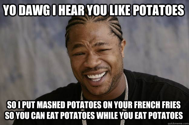 YO DAWG I HEAR YOU LIKE POTATOES so I put mashed potatoes on your french fries so you can eat potatoes while you eat potatoes - YO DAWG I HEAR YOU LIKE POTATOES so I put mashed potatoes on your french fries so you can eat potatoes while you eat potatoes  Xzibit meme