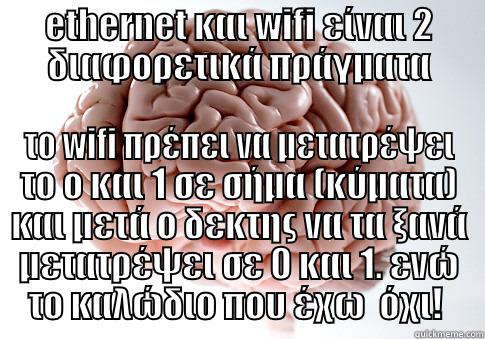 ETHERNET ΚΑΙ WIFI ΕΊΝΑΙ 2 ΔΙΑΦΟΡΕΤΙΚΆ ΠΡΆΓΜΑΤΑ ΤΟ WIFI ΠΡΈΠΕΙ ΝΑ ΜΕΤΑΤΡΈΨΕΙ ΤΟ Ο ΚΑΙ 1 ΣΕ ΣΉΜΑ (ΚΎΜΑΤΑ) ΚΑΙ ΜΕΤΆ Ο ΔΕΚΤΗΣ ΝΑ ΤΑ ΞΑΝΆ ΜΕΤΑΤΡΈΨΕΙ ΣΕ 0 ΚΑΙ 1. ΕΝΏ ΤΟ ΚΑΛΏΔΙΟ ΠΟΥ ΈΧΩ  ΌΧΙ!  Scumbag Brain