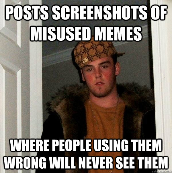 posts screenshots of misused memes where people using them wrong will never see them  Scumbag Steve