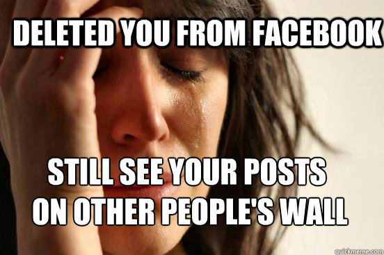 deleted you from facebook still see your posts
 on other people's wall - deleted you from facebook still see your posts
 on other people's wall  First World Problems