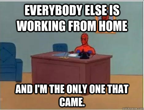 Everybody else is working from home and i'm the only one that came. - Everybody else is working from home and i'm the only one that came.  Spiderman Desk