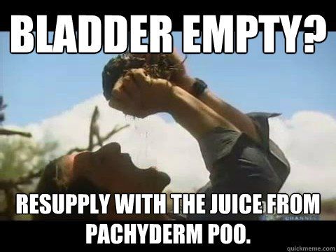 Bladder empty? Resupply with the juice from pachyderm poo.  Bear Grylls