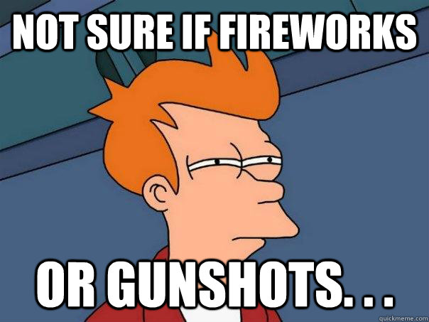 not sure if fireworks or gunshots. . .  Futurama Fry