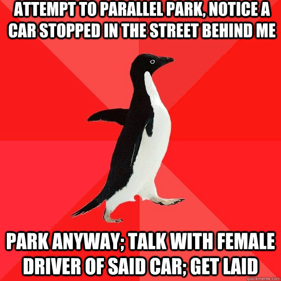 Attempt to parallel park, notice a car stopped in the street behind me park anyway; talk with female driver of said car; get laid - Attempt to parallel park, notice a car stopped in the street behind me park anyway; talk with female driver of said car; get laid  Socially Awesome Penguin