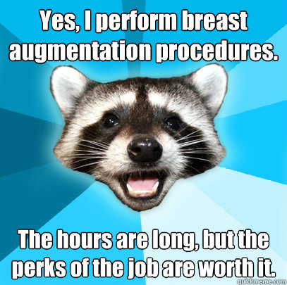 Yes, I perform breast augmentation procedures. The hours are long, but the perks of the job are worth it. - Yes, I perform breast augmentation procedures. The hours are long, but the perks of the job are worth it.  Lame Pun Coon