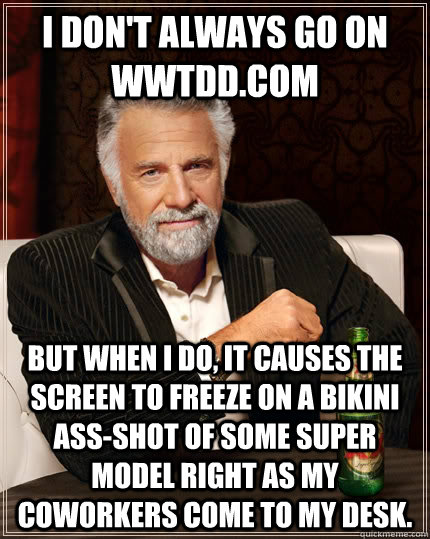 I don't always go on wwtdd.com but when I do, it causes the screen to freeze on a bikini ass-shot of some super model right as my coworkers come to my desk.  The Most Interesting Man In The World