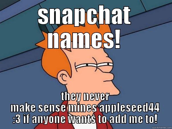 SNAPCHAT NAMES! THEY NEVER MAKE SENSE MINES APPLESEED44 :3 IF ANYONE WANTS TO ADD ME TO! Futurama Fry