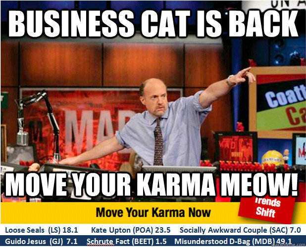 BUSINESS CAT IS BACK MOVE YOUR KARMA MEOW!  Jim Kramer with updated ticker