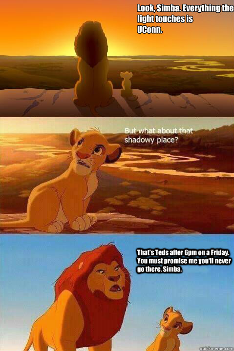 Look, Simba. Everything the light touches is 
UConn.  That's Teds after 6pm on a Friday. You must promise me you'll never go there, Simba.   Lion King Shadowy Place