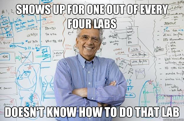 shows up for one out of every four labs doesn't know how to do that lab - shows up for one out of every four labs doesn't know how to do that lab  Engineering Professor