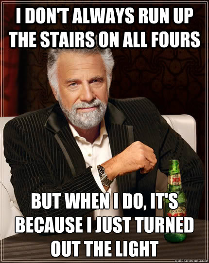 I don't always run up the stairs on all fours but when I do, it's because I just turned out the light - I don't always run up the stairs on all fours but when I do, it's because I just turned out the light  The Most Interesting Man In The World