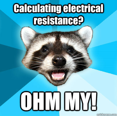 Calculating electrical resistance? OHM MY!  Lame Pun Coon