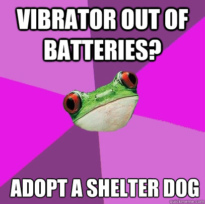 Vibrator out of batteries? Adopt a shelter dog  Foul Bachelorette Frog