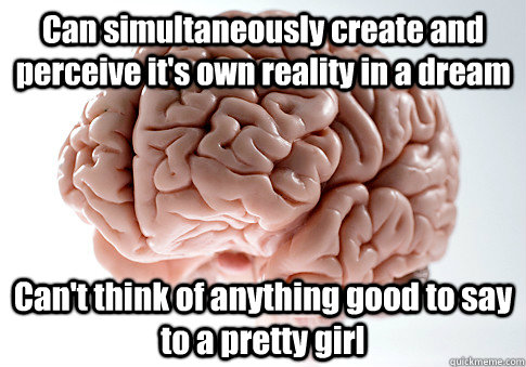 Can simultaneously create and perceive it's own reality in a dream Can't think of anything good to say to a pretty girl  Caption 4 goes here  Scumbag Brain