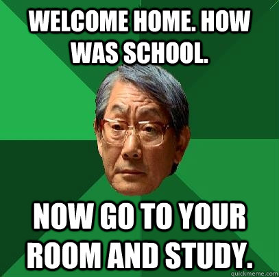 Welcome home. How was school. Now go to your room and study.  High Expectations Asian Father