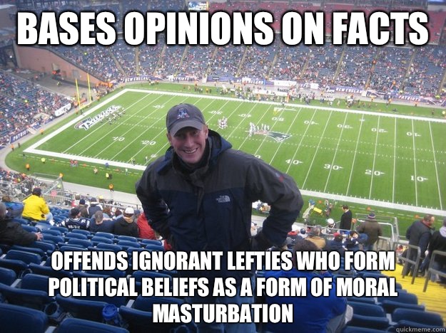 Bases opinions on facts Offends ignorant lefties who form political beliefs as a form of moral masturbation  