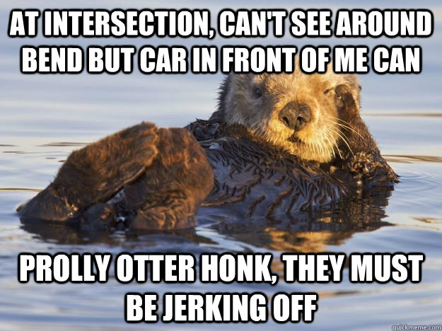 at intersection, can't see around bend but car in front of me can prolly otter honk, they must be jerking off  