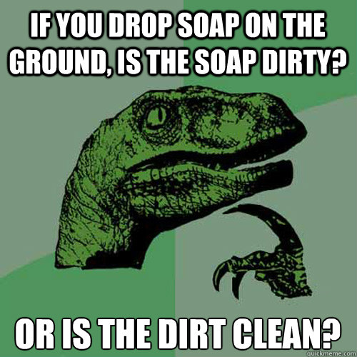 If you drop soap on the ground, is the soap dirty? Or is the dirt clean?  Philosoraptor