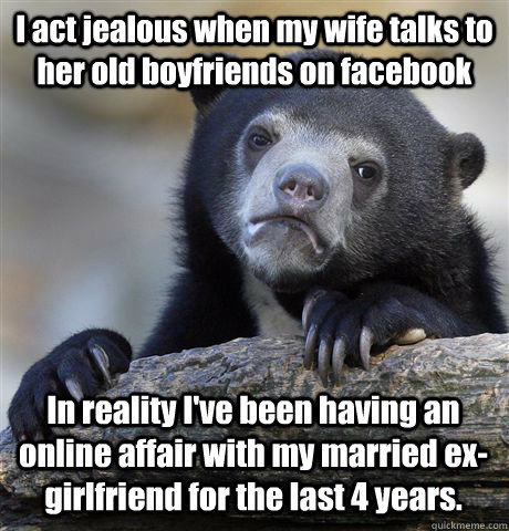 I act jealous when my wife talks to her old boyfriends on facebook In reality I've been having an online affair with my married ex-girlfriend for the last 4 years.  Confession Bear