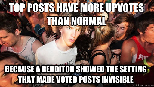 Top posts have more upvotes than normal because a redditor showed the setting that made voted posts invisible  Sudden Clarity Clarence