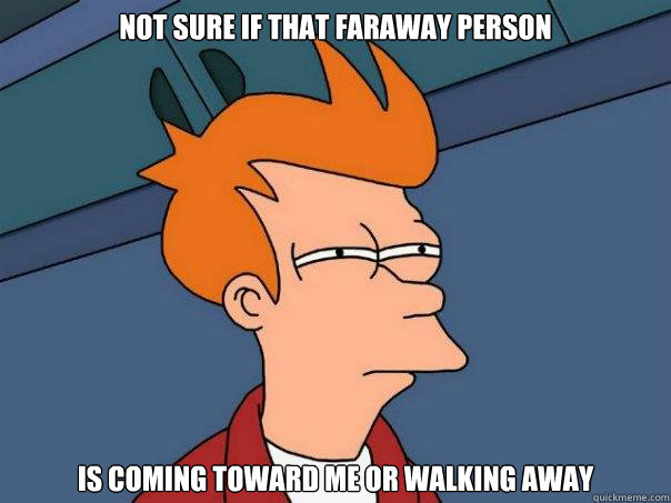 not sure if that faraway person  is coming toward me or walking away  Futurama Fry