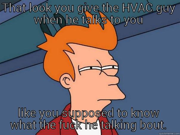 THAT LOOK YOU GIVE THE HVAC GUY WHEN HE TALKS TO YOU LIKE YOU SUPPOSED TO KNOW WHAT THE FUCK HE TALKING BOUT. Futurama Fry