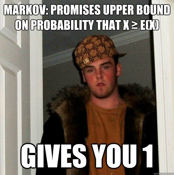 Markov: promises upper bound on probability that X ≥ E(X) gives you 1  Scumbag Steve