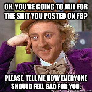 Oh, you're going to jail for the shit you posted on FB? Please, tell me how everyone should feel bad for you.  Condescending Wonka