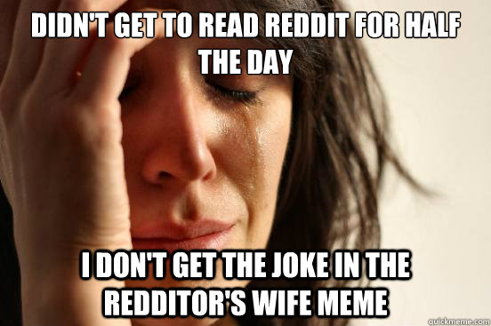 Didn't get to read reddit for half the day I don't get the joke in the redditor's wife meme  First World Problems