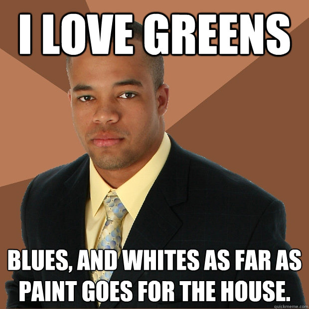 I Love Greens Blues, and Whites as far as paint goes for the house.
  Successful Black Man