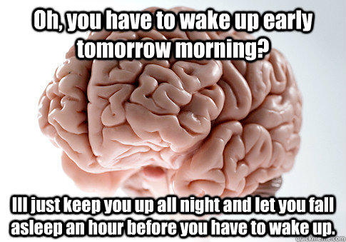 Oh, you have to wake up early tomorrow morning? Ill just keep you up all night and let you fall asleep an hour before you have to wake up.  Scumbag Brain