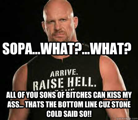SOPA...What?...what? all of you sons of bitches can kiss my ass... thats the bottom line cuz stone cold said so!! - SOPA...What?...what? all of you sons of bitches can kiss my ass... thats the bottom line cuz stone cold said so!!  Stone Cold