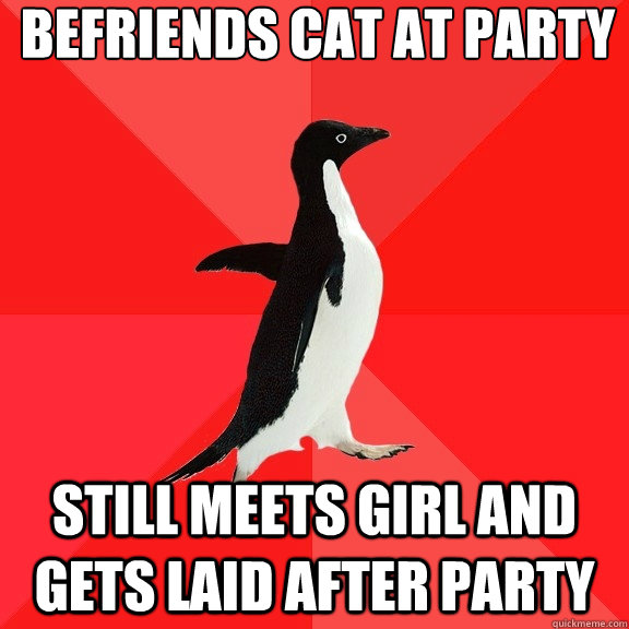 Befriends cat at party
 Still meets girl and gets laid after party  Socially Awesome Penguin