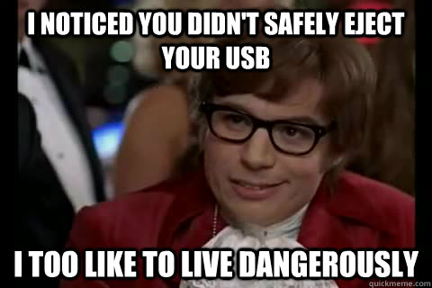 I noticed you didn't safely eject your usb i too like to live dangerously  Dangerously - Austin Powers