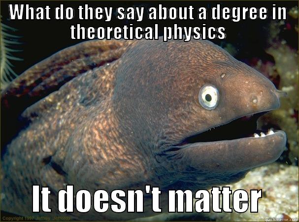 WHAT DO THEY SAY ABOUT A DEGREE IN THEORETICAL PHYSICS       IT DOESN'T MATTER      Bad Joke Eel