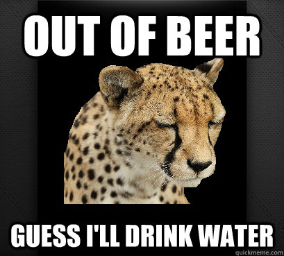 out of beer guess i'll drink water  Defeated Cheetah